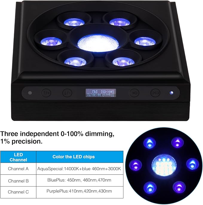 Aquarium Light-60 Watts Reef Light High Penetration Wide Coverage Sunrise Sunset Moonlight Saltwater Lights for Coral with Master Slave Group Control & Timer & Screen