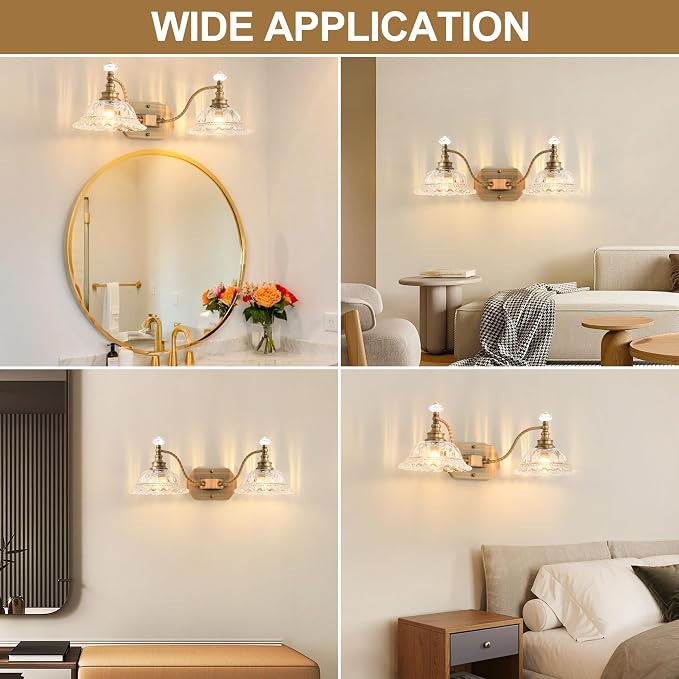 Vintage Bathroom Light Fixtures, 2 Light Brass Vanity Lights with Crystal Glass Flower Shade, Retro Wall Sconce for Bedroom, Living Room, Hallway