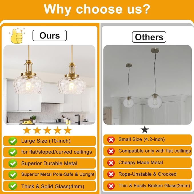 Modern Pendant Lights Kitchen Island, Brushed Gold Pendant Light Fixtures with 10" Clear Hammered Glass Shade, Industrial Hanging Pendant Lights Fixture for Kitchen Island Dining Room Bedroom Entryway