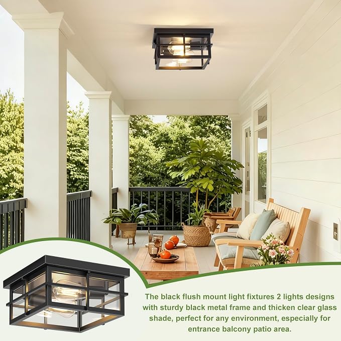 Asnxcju 2-Light Black Flush Mount Ceiling Light, Farmhouse Kitchen Lighting Fixtures with Clear Glass, Outdoor Porch Lights Ceiling Mount, Square Hallway Light Fixtures for Bedroom Living Room Balcony