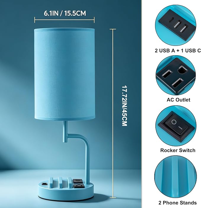 Dreamholder 2 Pack Table Lamp, Bedside Lamp with 3 USB Charging Ports & AC Outlet, USB Desk Lamp with 2 Phone Holders, Linen Fabric Shade Nightstand Lamps for Bedroom Living Room Office, Lake Blue