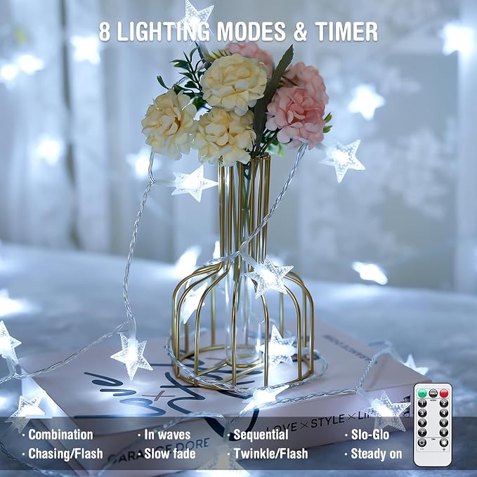 JMEXSUSS 100 LED Star String Lights USB Plug in, 33Ft White | Star Fairy Lights with Remote, Waterproof Hanging String Lights Indoor for Bedroom Classroom Tent Loft Bed Dorm Decor