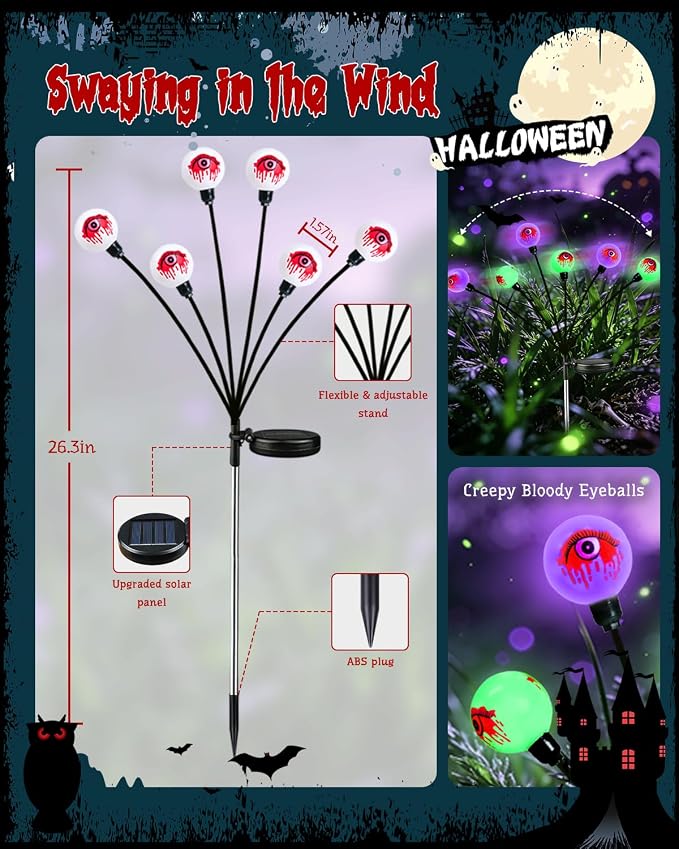 OZS 6 Pack 36 LED Solar Eyeball Lights for Outdoor Halloween Decorations | Purple & Green Solar Halloween Lights, Bleeding Eyes, Swaying by Wind, IP65 Waterproof, 2 Modes for Pathway Garden Yard Decor