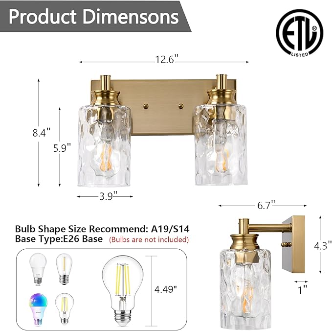 2 Light Bathroom Vanity Light Modern Brushed Gold Bathroom Light Fixtures Over Mirror with Hammered Glass Lampshade for Kitchen Hallway