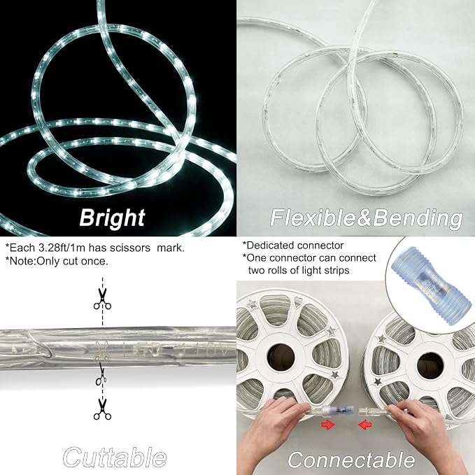 LED Rope Lights Outdoor Waterproof: 150FT LED Rope Lighting Dimmable - 110V 6500K Daylight White String Light Tube Cuttable Connectable for Garden Patio Party Indoor Decoration, Not Flat Strip