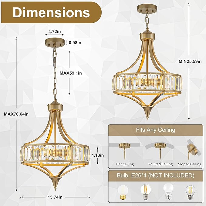 Crystal Vintage Chandeliers for Dining Room, 15.7" 4-Light Modern Gold Round Pendant Light Fixtures, Bathroom Chandelier for Entryway Foyer Living Room Bedroom Kitchen Island