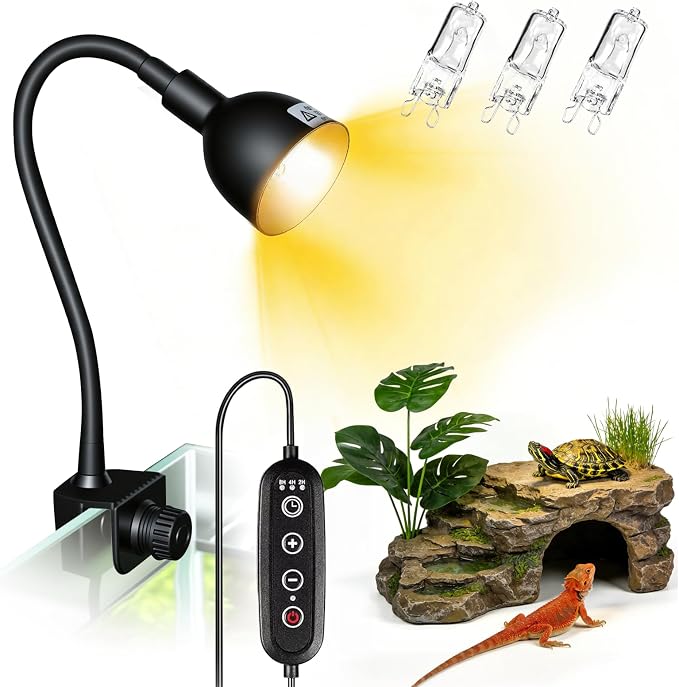 COOSPIDER 50W Turtle Basking Light Reptile Heat Lamp with Clamp & Timer | Fixture 360° Rotatable Hose with 2 Spare G9 Base Bulbs for Plants Small Reptiles Bearded Dragon Lizard Snake
