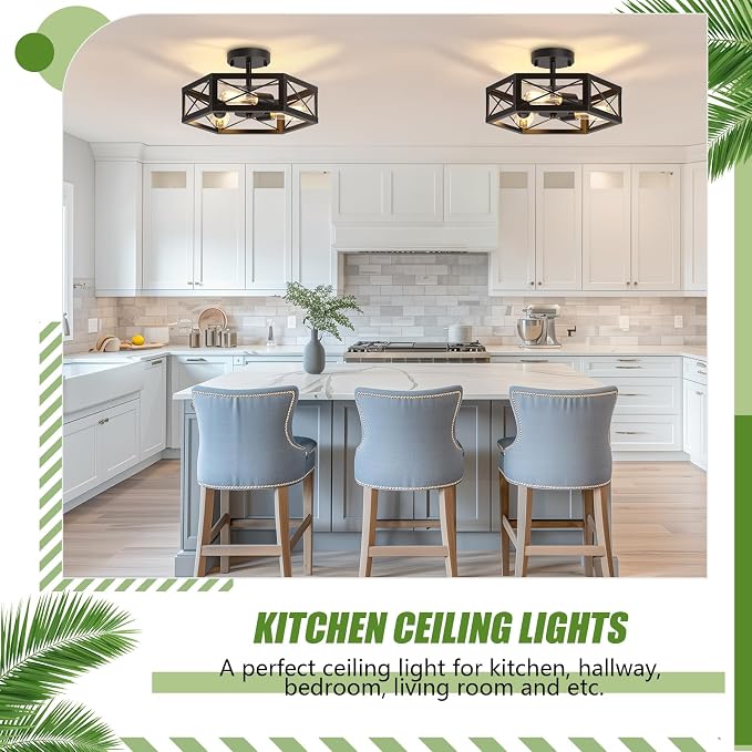 3-Light Semi Flush Mount Ceiling Light, Kitchen Lighting Fixtures Ceiling, Black Dining Room Light Fixtures, Farmhouse Close to Ceiling Lights with Hexagon Cage for Bedroom Hallway Foyer