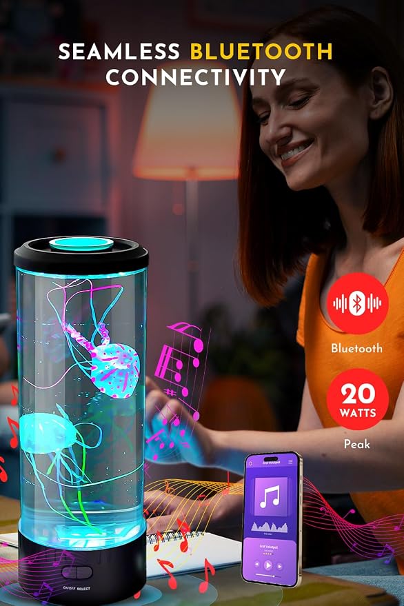 Jellyfish Lamp with 20W Bluetooth Speaker, 16 Color Changing Mood Lamp, 4 Modes Aquarium Night Light for Kids, Gift for Adults, Kids, Sensory Lights for Autistic Children