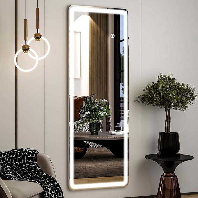 Easly Full Length Mirror - 16" x 60" Mirror Full Length with LED Lights Adjustable Screen Brightness, Wall Mounted or Freestanding, Full Body Mirrors for Bedroom, Living Room, Cloakroom,Salon