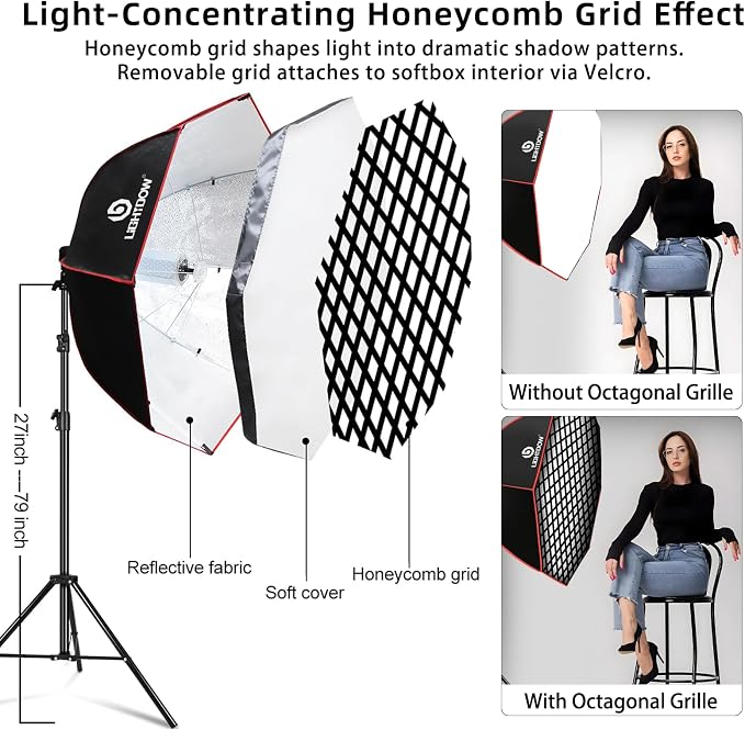 Light Box Photography Lighting Kit:37" Octa Softbox,Honeycomb Grid,110W LED Lamps,RC,Tripod Stands for Studio Light,Video Recording,Portraits,Model/Food/Pet/Baby/Product Shoots & Live Streaming