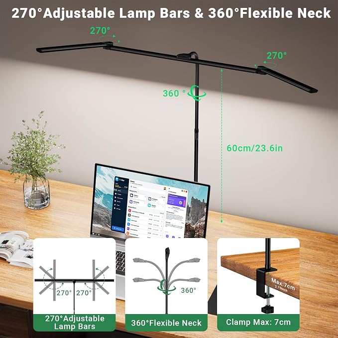 LED Desk Lamp for Home Office,3 Lamp Bars, 5 Color Temperatures & 10 Dimming Brightness, Flexible Neck, 15W USB Adapter Desk Light with Clamp for Reading, Study, Craft (Black)