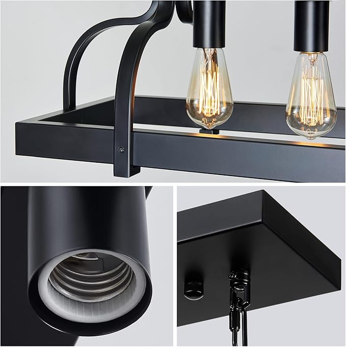 WUZUPS 6-Light Metal Pot Hanging Rack Chandelier Linear Pendant Ceiling Lighting Rustic Farmhouse Fixture Kitchen Island Dining Room, H 9.8" L 40.6" W11.8, E26 Base, Black