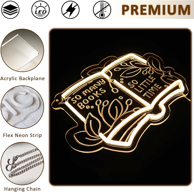 PMCVYH So Many Books So Little Time Neon Sign for Wall Decor, Reading Led Signs for Library, USB Dimmable Neon Lights for Classroom Read Corner Bedroom Study Room Home Book Club Motivational Wall Art