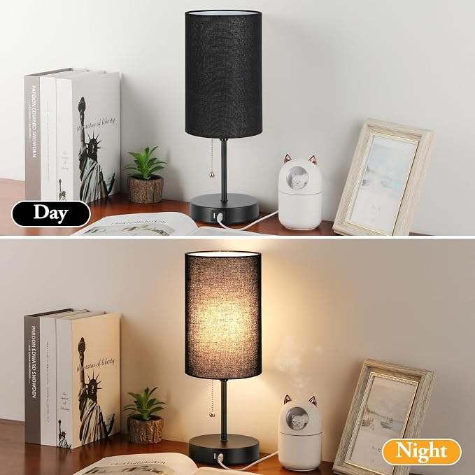 Set of 2 Table Lamps with 2 USB Ports, Bedside Lamps for Bedrooms, Modern Nightstand Lamps with Pull Chain, Minimalist Desk Lamps with Black Fabric Shade and Metal Base for Living Room Home Office