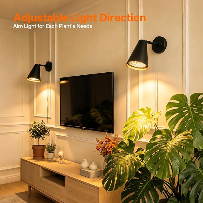 Wall-Mounted Grow Light 25W Full Spectrum Plant Light | 3300K Full Spectrum Plant Light, 350°Adjustable Head, Timer & Black Metal Shade, for Flowers, garden Growing