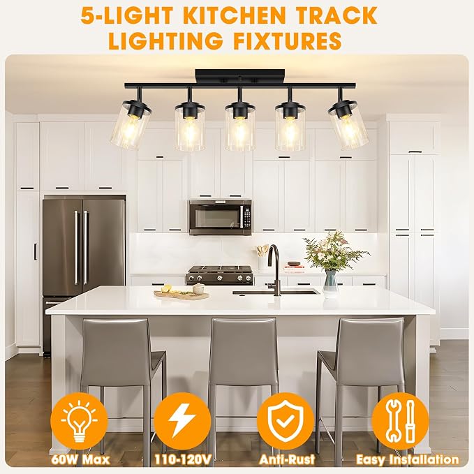 FadimiKoo 5-Lights Black Semi Flush Mount Ceiling Light Fixtures, Modern Clear Glass Shade Farmhouse Kitchen Ceiling Lamp, Adjustable Rotatable Vanity Light Fixture for Hallway Entryway Dining Room