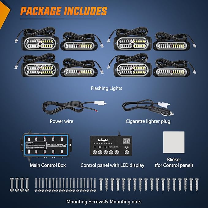 Nilight 8PCS Led Strobe Lights with Controller 12V 24V Sync Feature Blue White Emergency Hazard Warning Light 12 24 LED Surface Mount for Vehicle Car Truck RV ATV