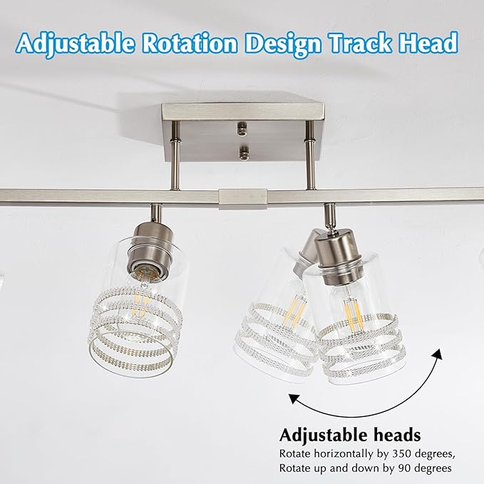 Track Lighting Fixtures Ceiling Kitchen Track Lighting Brushed Nickel 4-Light Bathroom Vanity Light Complete Track Lighting Kits Bathroom Light Fuxtures with Glass Shades E26 Base Adjustable Heads