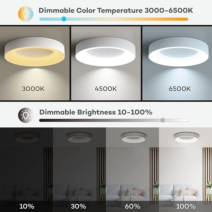 RGB Flush Mount Ceiling Light with Remote Control, 2400LM Dimmable Ceiling Light Fixture, 3000K-6500K Modern Low Profile Ceiling Lights for Bedroom Kids Room, 11in White