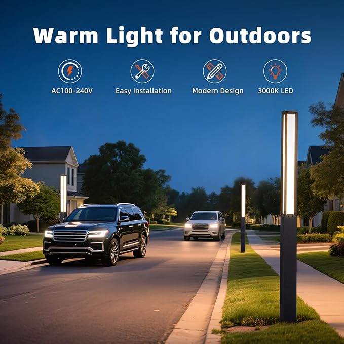 Landscape Path Lights, 92" Tall Outdoor Pathway Bollard Light Waterproof, Driveway Pole Lamp 3000K LED Yard Walkway Lighting, Modern Patio Lantern AC100-240V Wired Fixture for Lawn Commercial