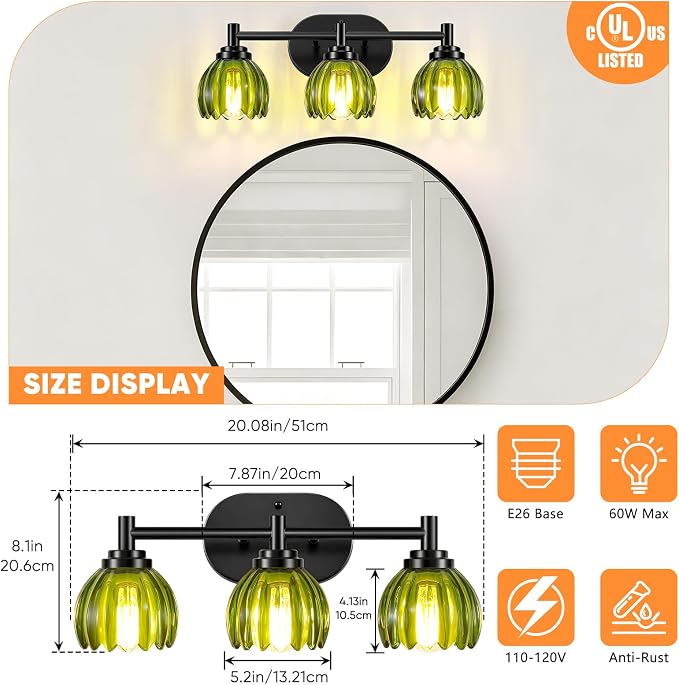 Bathroom Vanity Light, 3-Light Vanity Lighting Fixtures with Green Tulip Glass Shade, Modern Bathroom Wall Mount Lamp, Black Vanity Lights Over Mirror for Living Room, Hallway, Cabinet, Porch
