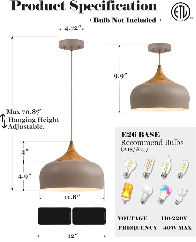 ELYONA 12" Japandi Pendant Light, Farmhouse Pendant Light Fixture with Faux Pine Wood Grain Metal Shade, Adjustable Hanging Light for Kitchen Island Dining Room Bedroom Sloped Ceiling, Caramel Brown