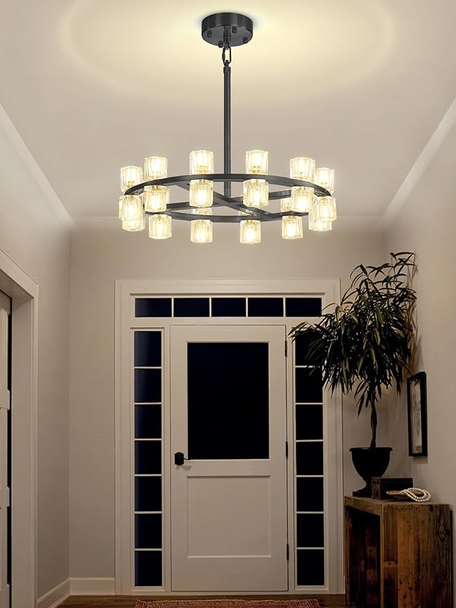 D24 Black Wagon Wheel Chandeliers Modern 24-Lights Black Round Chandelier Small Chandeliers for Dining Room,Living Room Vintage Chandelier for Foyer Hallway