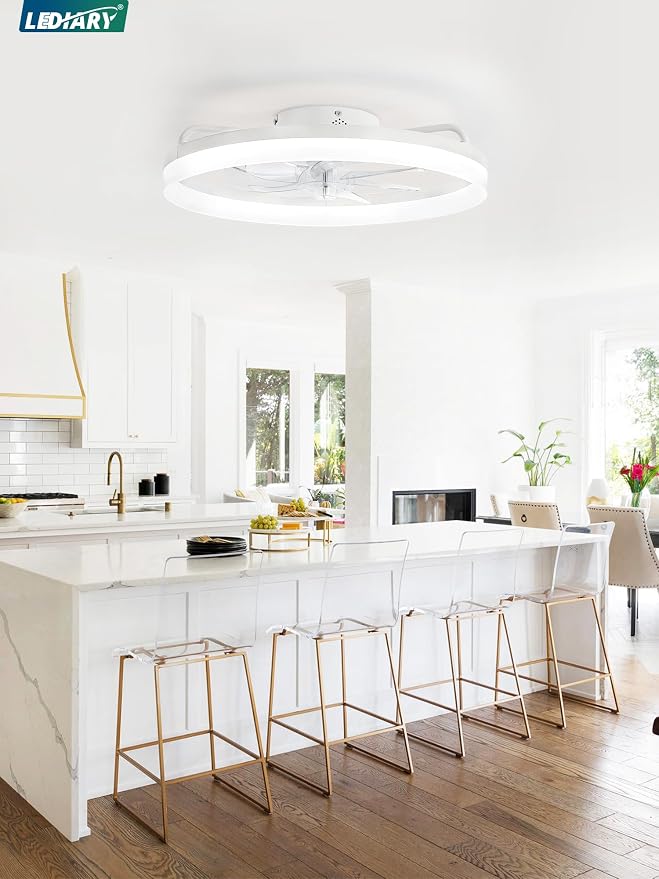 LEDIARY 20" Low Profile Ceiling Fans with Lights, APP & Remote, White | Flush Mount, Dimmable LED, Quiet DC Motor, Reversible, 6 Speeds, Fandelier, for Bedroom