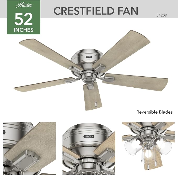 Hunter 52 inch Indoor Ceiling Fan with LED Lights and Pull Chain - Low Profile Flush Mount Ceiling Fan, 5 Blades, For Bedroom, Living Room, or Kitchen, Quiet - Crestfield 54209, Brushed Nickel | with LED Lights and Pull Chain, Low Profile Flush Mount, ...