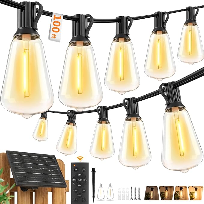 Hotsonic Solar Outdoor String Lights Waterproof, 100FT Remote Control LED Outside Lights with Shatterproof Bulbs, Dimmable Hanging Lights for Patio Porch Garden pergola Yard House Bistro Party Decors