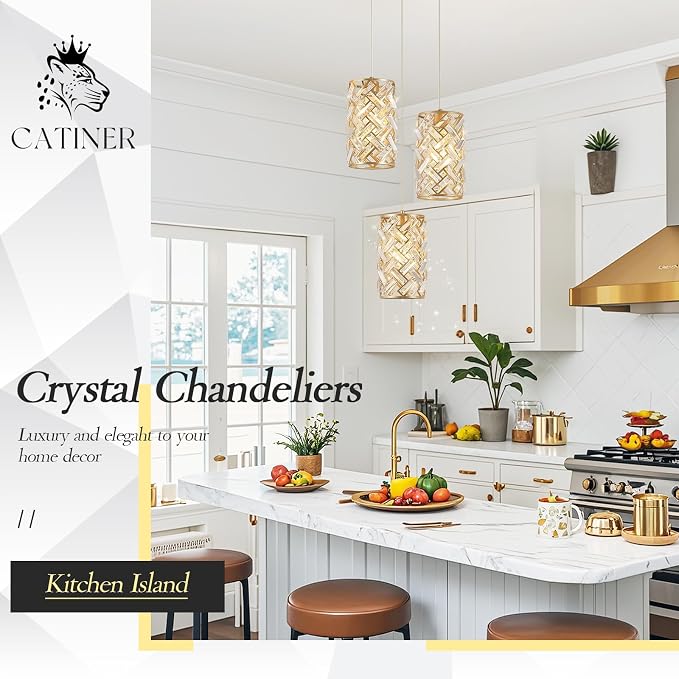 Gold Crystal Cluster Pendant Light, 3-Light Kitchen Island Hanging Light | 3-light gold crystal cluster pendant with adjustable height, E26 sockets, dimmable for kitchen islands and dining rooms