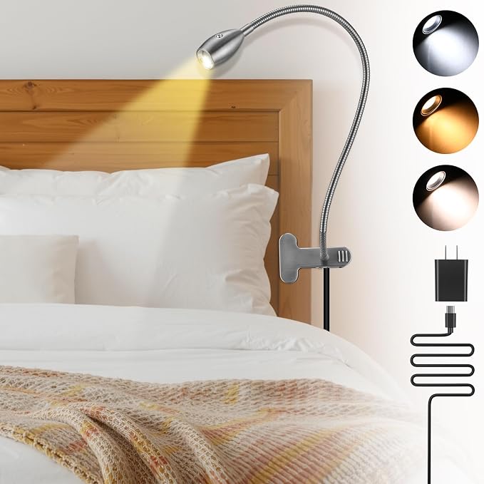 1 Pcs LED Clip on Reading Light for Bed Headboard, 3 Color Dimmable Stepless Book Light with Flexible Gooseneck Clamp Desk Lamp for Reading with USB for Bedroom, Dorms, Office, Studio (Silver)