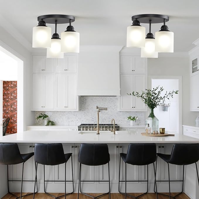 Semi Flush Mount Ceiling Light with Clear Glass Shades,3-Lights Industrial Semi Flush Mount Ceiling Light, 3-Light Industrial Black Light Fixtures Ceiling Mount for Kitchen Living Room Foyer