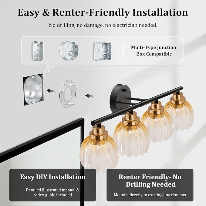 TALOYA Black Gold 4-Light Bathroom Vanity Light with Amber Tulip GlassShade | Modern Vanity Lighting Fixtures, Bathroom Lights Over Mirror, Wall Mount Mirror Light Fixtures for Bathroom Hallway Bedroom