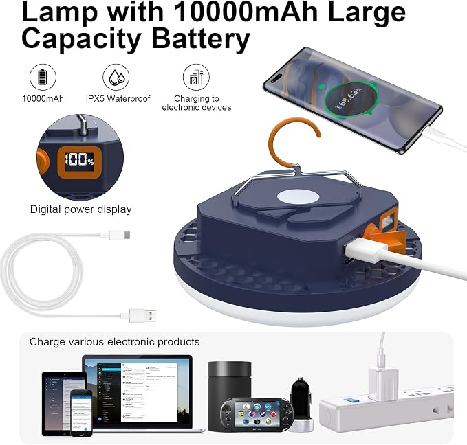 10000mAh 4000LM Camping Light 4 Light Modes Portable LED Camping Lantern Rechargeable Light 30W with Digital Power Display and Magnet , IPX5 Waterproof Tent Lights Power Failure Emergency Light