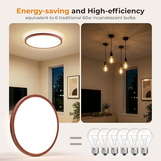 15.4 Inch LED Flush Mount Ceiling Light, 3000K-5000K 3 Color Selectable Ceiling Lights, 36W 3600LM Closet Light Fixture, Ceiling Lamp for Bedroom, Dining Room, Kitchen- Walnut
