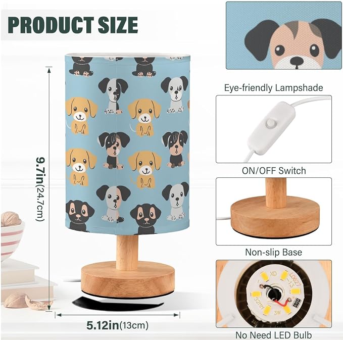 Fustylead Cute Puppy Dogs Blue Bedside Table Lamps with USB Port for Bedroom Lamp Accent Table Lamp Small Nightstand Lamp Sturdy Linen Shade Wooden Base Decorative Lamps for Kids|Reading|Dorm|Home