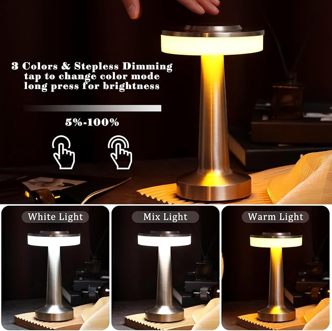 Riakrum 1 Pcs Sliver LED Portable Cordless Table Lamp Bulk with Touch Sensor 3 Color Stepless Dimming Rechargeable Battery up to 15 Hours Cordless Table Light Wireless Lamp Wedding Home