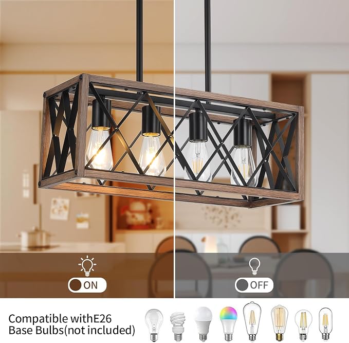 KEESFU 4-Light Dining Room Light Fixture, Farmhouse Kitchen Island Lighting,Adjustable Height Pendant Light, Rustic Linear Chandelier for Kitchen, Dining Room Table, Pool Table. (Wood Grain Color)