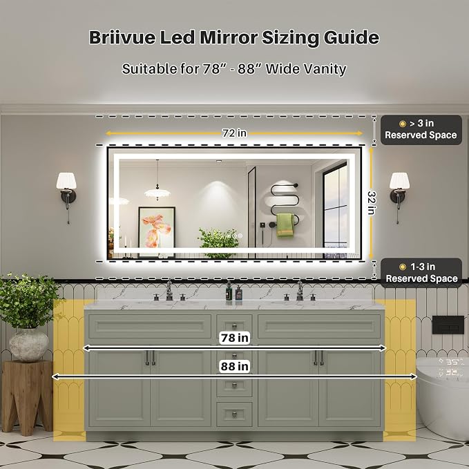 72x32 Inch LED Bathroom Mirror with Black Frame, Backlit & Front Lit | Anti-fog, 3 Color Dimmable, Memory Function, HD Reflection Tempered Glass, ETL Listed, IP54 Waterproof