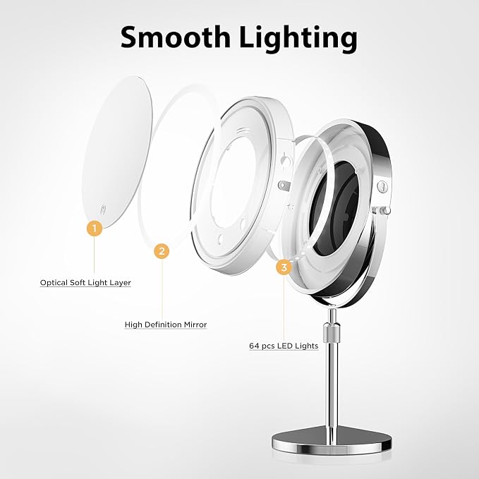 Double-Sided Makeup Mirror with Light, 1X/30X, 3 Colors, 3200mAh | 360° Rotating Mirror with Adjustable Brightness for Makeup, Skincare, and Vanity Use