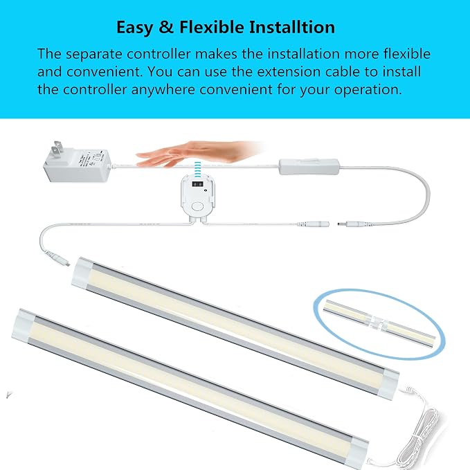 Under Counter Light Fixtures LED Under Cabinet Lighting Plug in,Dimmable Undercabinet Lights with Manual Sensor Control,6000K Cold White,Kitchen,Shelf,Desk,Tool Box Hutch Light,2PCS
