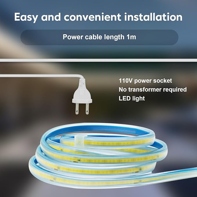 Waterproof LED Lights 3.28FT 110V COB LED Strip Lights Cuttable | 1 Meter Flexible Rope Light 120V 4000K White LED Light Strip 240LEDs for Outdoor Indoor Kitchen Cabinets Lighting Garden