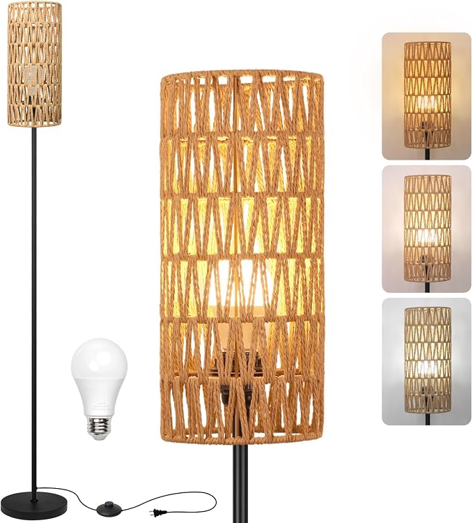 Ruiever Floor Lamp for Living Room,Farmhouse Rattan Floor lamp,Modern Standing lamp with Hand-Worked Rattan Shade,Black Tall Lamp with Foot Switch for Bedroom,Kids Room,Office,LED Bulb is Included.