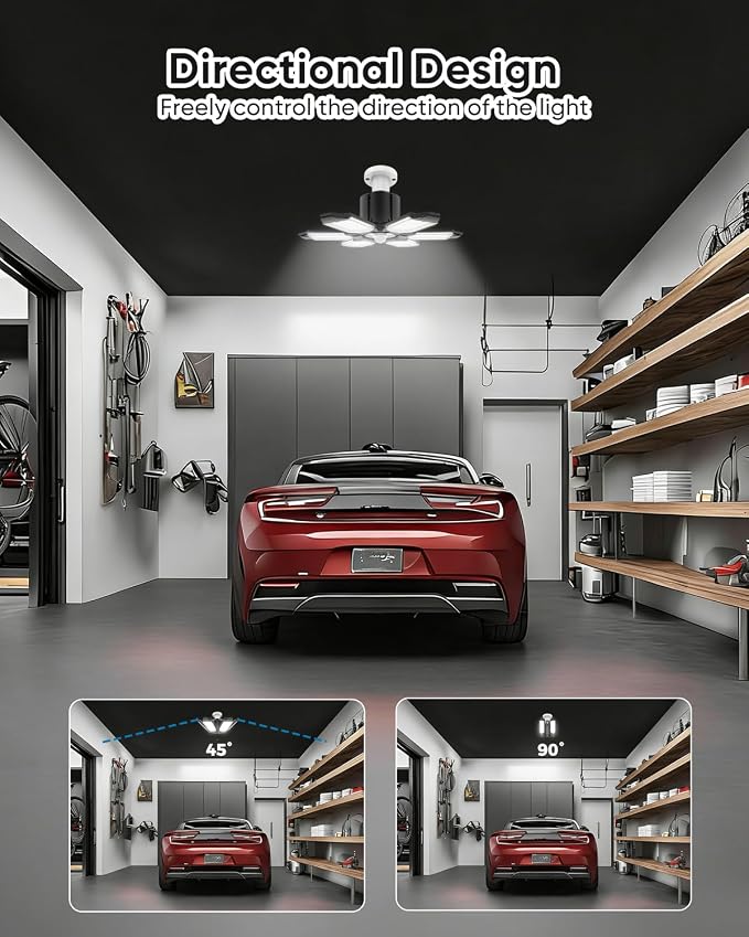 2 Pack Motion Sensor Garage Light with Remote, 20000LM 6500K LED Shop Light | 1/3/5-Min Auto-Off, 6 Deformable Panels, E26 Screw-In, Ultra Bright Wide-Angle Ceiling Light for Garage, Workshop, Basement