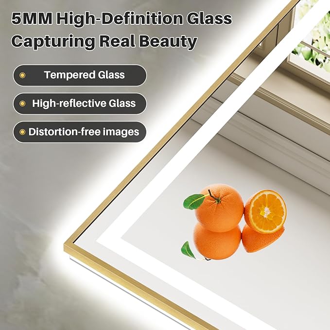 48x40 Inch LED Bathroom Mirror with Gold Frame, Backlit & Front Lit | Anti-fog, 3 Color Dimmable, Memory Function, HD Reflection Tempered Glass, ETL Listed, IP54 Waterproof