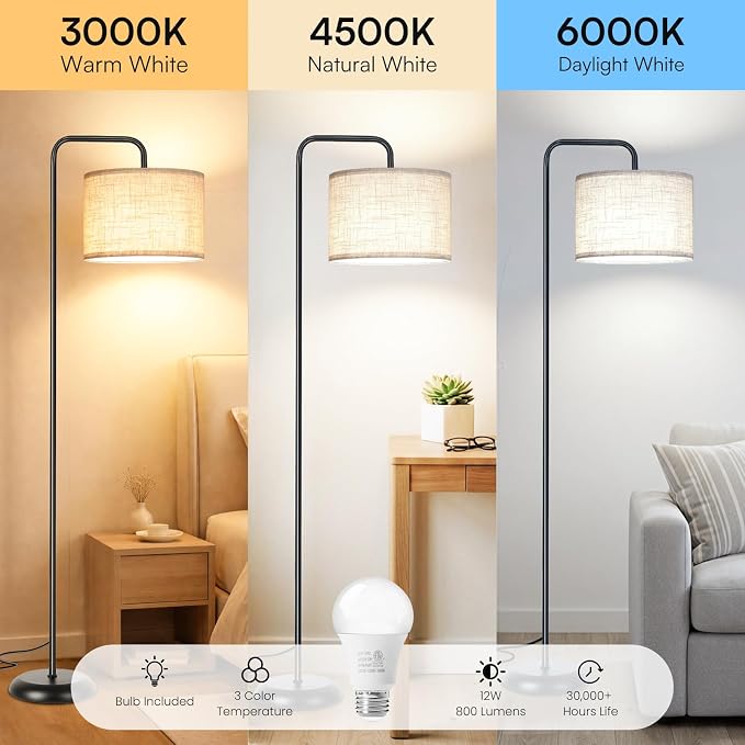 TJOY Floor Lamp, Black Standing Floor Lamp for Living Room with 3 CCT Bulb | 3 Color Temperatures 12W Bulb included, Metal Lamp with Extended Arm, Lamp for Bedroom, Couch, Reading Nook, Office, Black