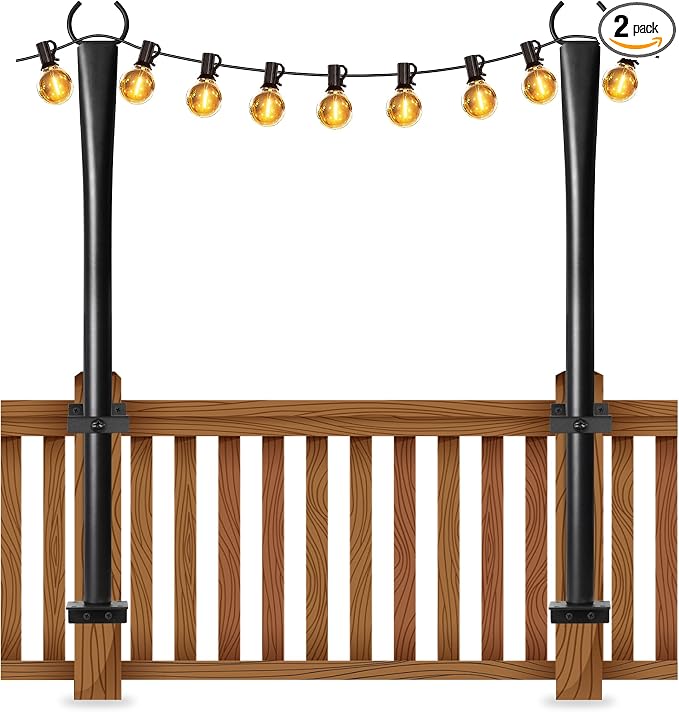 2 Pack String Light Poles for Deck, 5Ft Heavy-Duty Metal Deck Light Poles for Outside with Fixing Clips, Lighting Hanging Post Accessories for Patio Decor Garden Backyard Yard Fence Porch Decorations