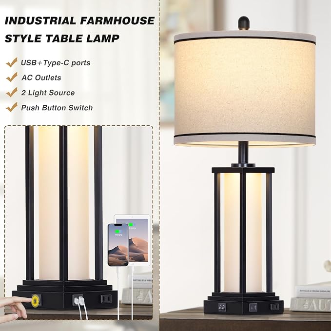27" Tall Vintage Table Lamp Set of 2 with USB C+A & Outlet,Black Industrial End Table Lamp for Living Room,Farmhouse Rustic Bedside Lamps with Frosted Glass Night Light for Bedroom Nightstand,Black